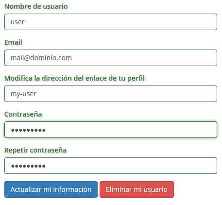 Formulario para editar los parámetros de acceso al perfil
